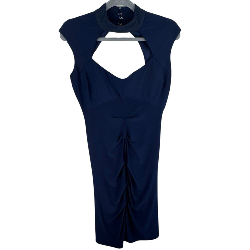 Marina Navy Blue Lace Collar Cutout Center Ruched Bodycon Midi Dress Size 10